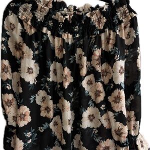 Off-Shoulder Floral Blouse in Black and Cream